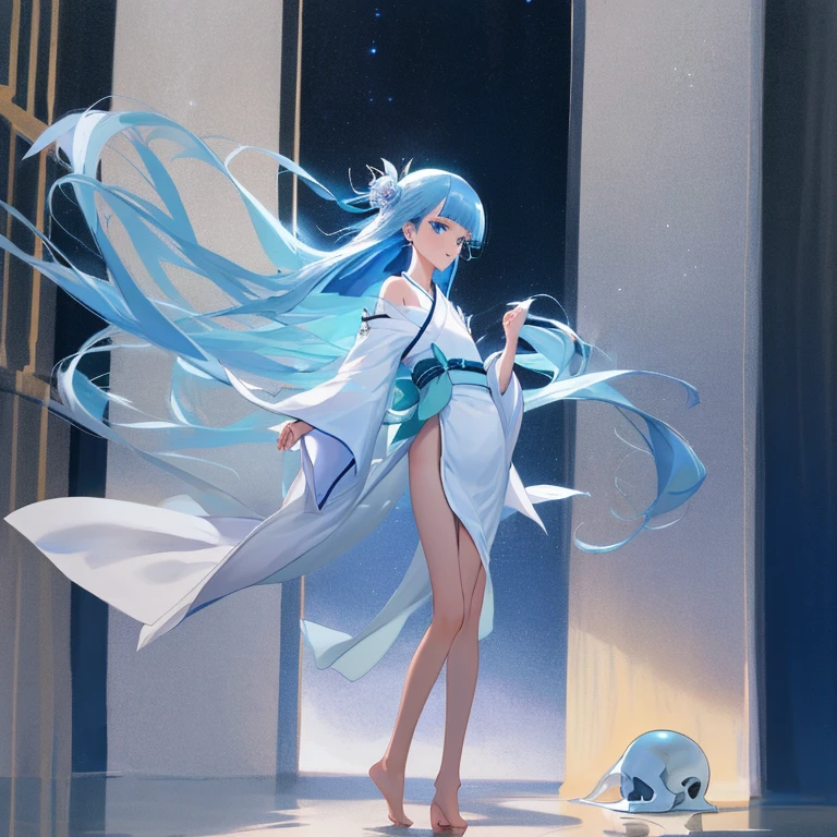 {{{{amazing quality, great quality, high quality, very aesthetic, aesthetic, best quality}}}},
realistic, photo, shadow, Three-dimensional, absurdres, Digital art,
{{{{Magical girl}}}}, beautiful girl, one girl,
{Yuki Onna} light blue hair, long straight hair, hair, trimmed hair, shiny hair, blunt bangs, short sideburns,
blue eyes, tareme,
{{flat chest}}, {{small breasts}}, {{detailed body}}, slim thighs, thin thighs,
{{white mini kimono}}, {{yellow kimono obi}}, {{skull-shaped hair ornament}}, barefoot, Geta for women,
No panties, no bra,