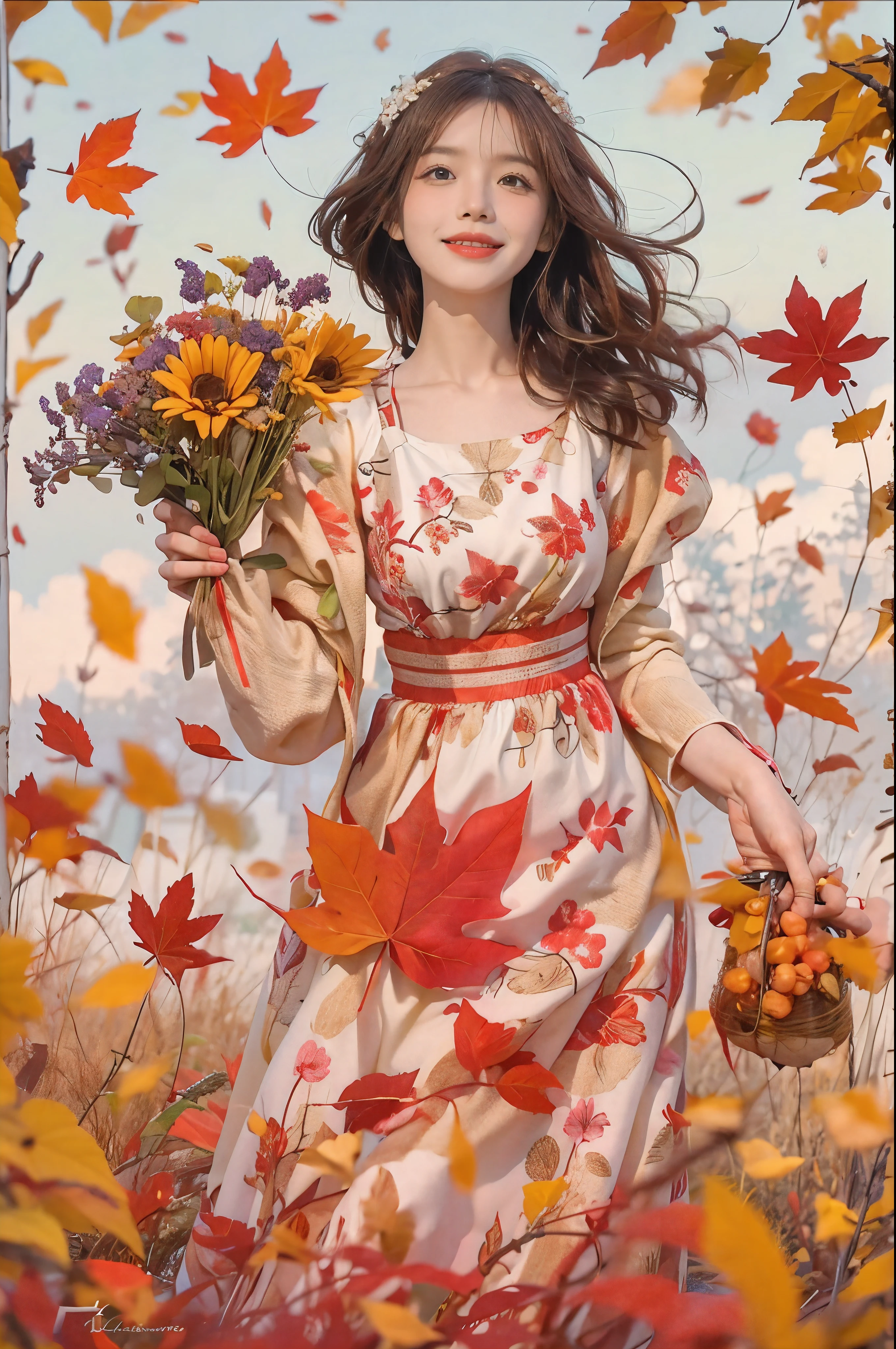 create fun images, A 28-year-old brunette woman with messy hair standing in a flower field. The background is a meadow of autumn leaves based on red...。. The woman will be smiling while holding a very large bouquet of autumn leaves...., She wears a white dress,extend it towards the viewer in a giving gesture. We will do our best to bring you a lively festival experience..。.!