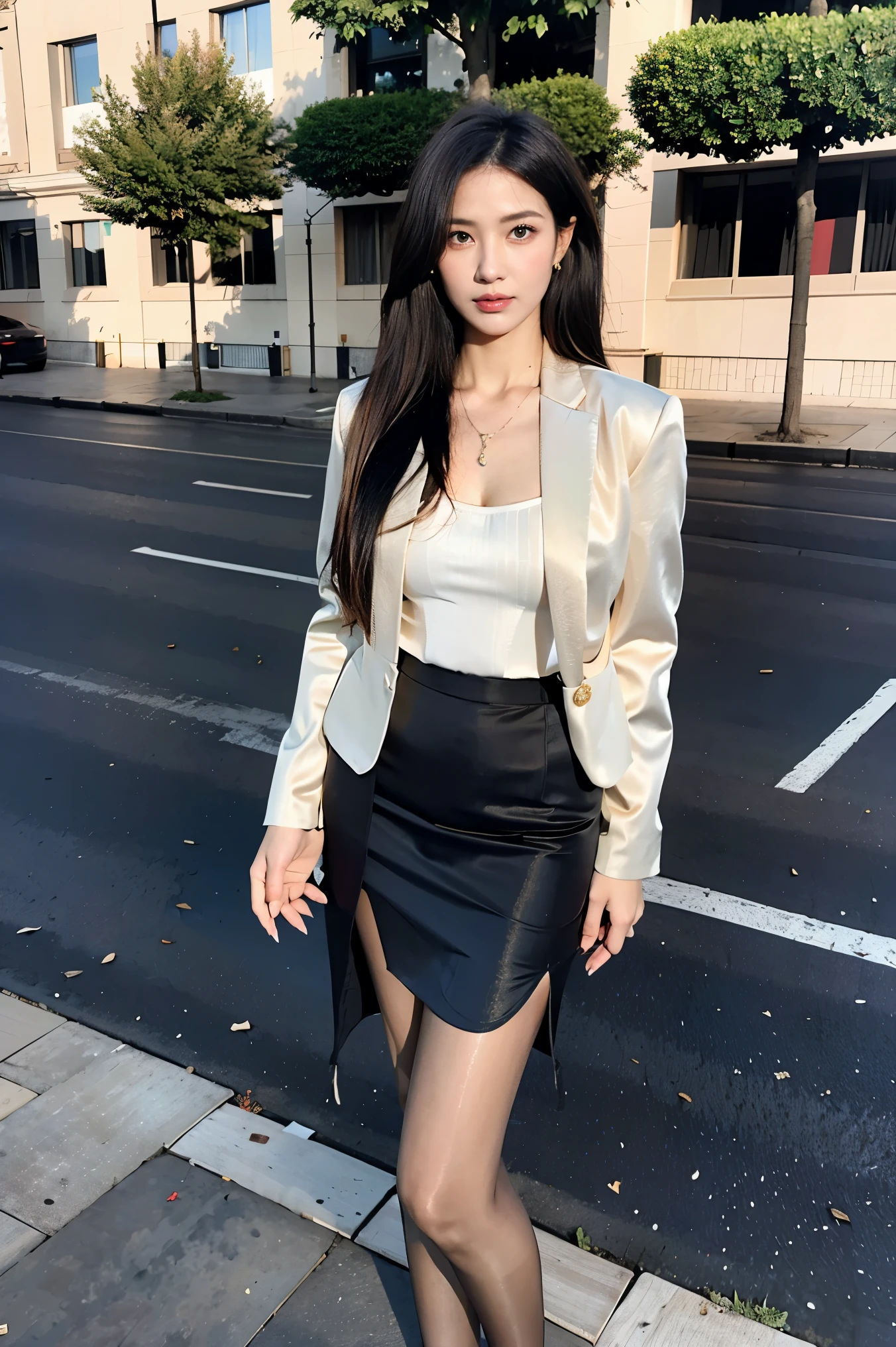 1 girl,(European model:1.3),31 years old,exquisite,Business womenswear,(jacket:1.1),(shirt:1.1),(Wrap skirt:1.1),Accessories,jewelry,briefcase,knitwear,,goosebumps,goose-flesh，（fidelity：1.3），filigree，quality，（masterpiece：1.2），（fidelity：1.2），（best quality），（Skin details：1.3），（intricate details），drama，Ray tracing，photo，bathed in light and shadow，visual novel，street with skyscrapers，On a bustling city street，film grain，Depth of field 100mm，Flick，full-body shot，skin tone，High heel，Stand apart，Blue sky and white clouds，sunny