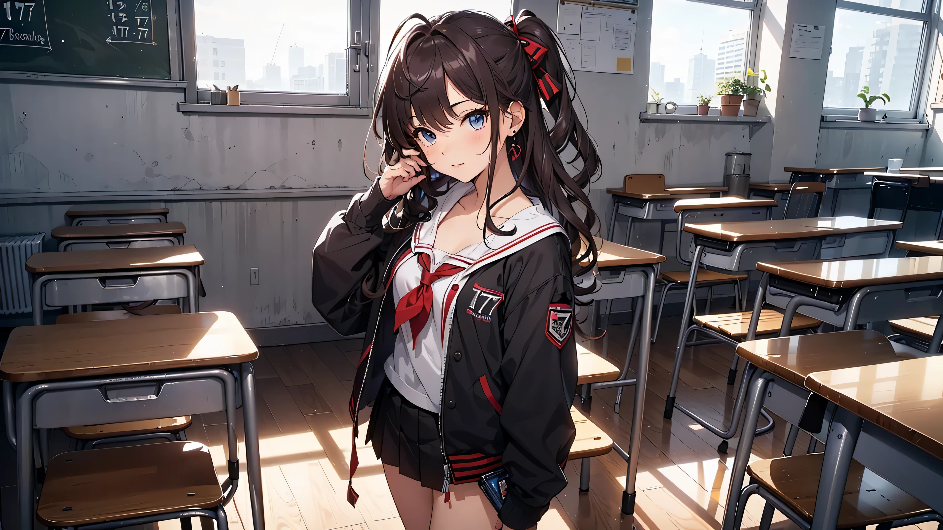 obra maestra, Mejor calidad, high resolution, Ichinose Shiki, idol master, pelo largo, dos lados hacia arriba, Lazo para el pelo, ahogo, pechos medianos, pendientes, Uniforme escolar marinero, fondo de paisaje escolar, aula (Please draw a single una chica naked de pie up in a aula school :1.3) ((1 chica)), (Solo, rostro,-yeld:2. Extremidades completas, dedos completos, ((Dedos perfectos)), trasero mediano, ingle, ojos perfectos, ((completamente desnudo, Pussy, , pecho mediano, pechos desnudos)) (Detailed lighting), (antecedentes detallados), (en la zona escolar), vista de cuerpo completo, de pie, piernas, zapatos uwabaki. lindo, chica soltera kawaii (una chica), Toma de cuerpo completo. El fondo es la escuela., cuerpo delantero ((de pie up)) ((completamente desnudo))