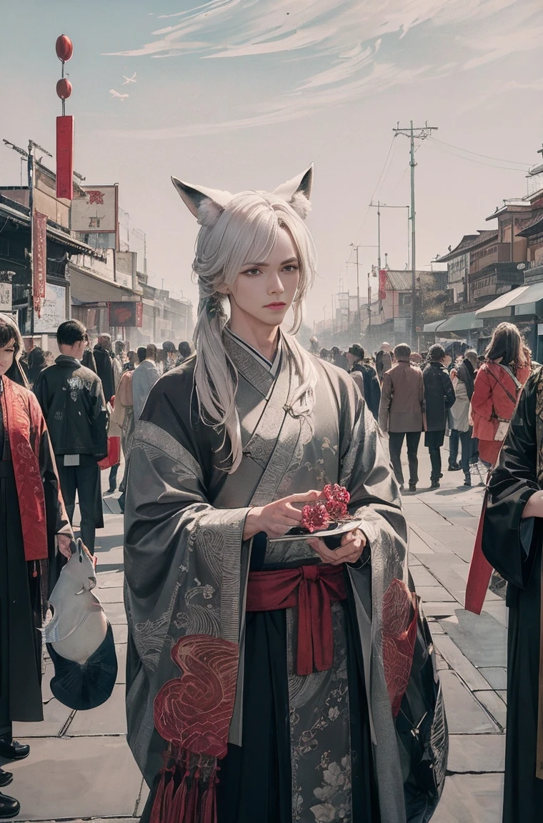 ((4K,masterpiece,highest quality)), Shuimobisim, traditional chinese ink painting, lotus, Hanfu, maxi kit, One boy modestly dressed, alone, white hair, fox ears, white, fish, many fish near boy, look at the audience, tease,Oneeshota,