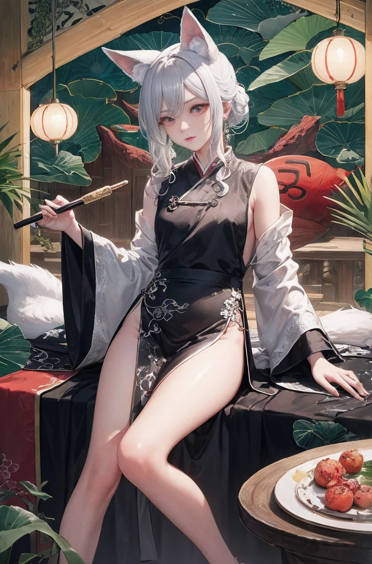 ((4K,masterpiece,highest quality)), Shuimobisim, traditional chinese ink painting, lotus, Hanfu, maxi kit, One boy modestly dressed, alone, white hair, fox ears, white, fish, many fish near boy, look at the audience, tease,Oneeshota,