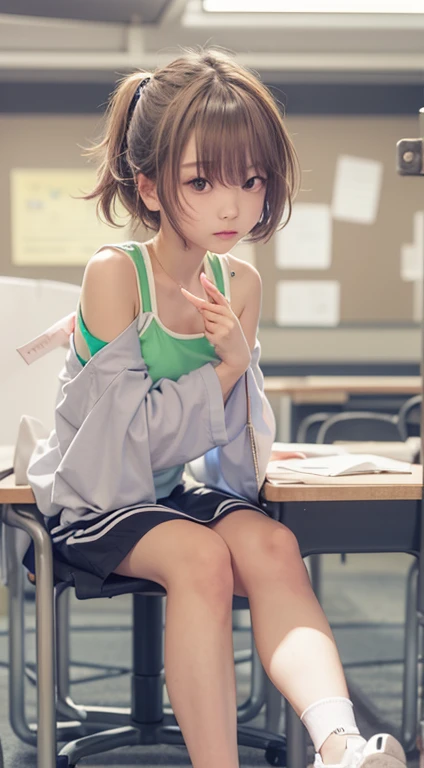  Troubled expression Raise hand Maki Horikita Beautiful girl Junior high school student White tank top Navel exposed Beautiful legs Track and field appearance Club activities Japanese classroom Small breasts Slender short stature Short hair Brown hair Whole body visible Sitting on desk Composition seen from below  透き通る白い肌 上から見た構図 頬が赤い 薄着 布地が薄い 衣服が脱ぎかけ 肩ひもが外れる