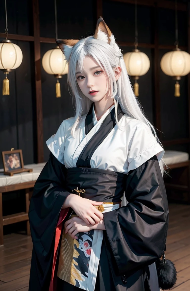 ((4K,masterpiece,highest quality)), Shuimobisim, traditional chinese ink painting, lotus, Hanfu, maxi kit, One boy modestly dressed, alone, white hair, fox ears, white, fish, many fish near boy, look at the audience, tease,Oneeshota,