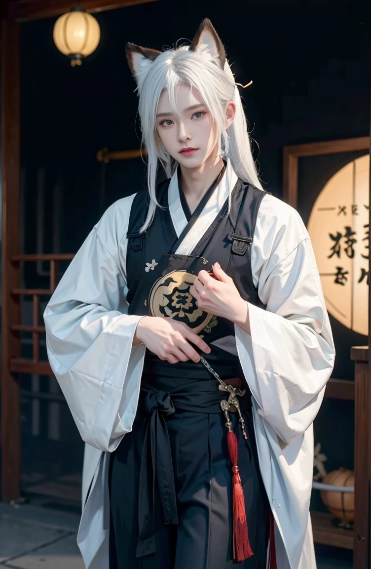 ((4K,masterpiece,highest quality)), Shuimobisim, traditional chinese ink painting, lotus,  Hanfu, maxi kit, One boy modestly dressed, alone, white hair, fox ears, white,  fish, many fish near boy, look at the audience, tease,Oneeshota,