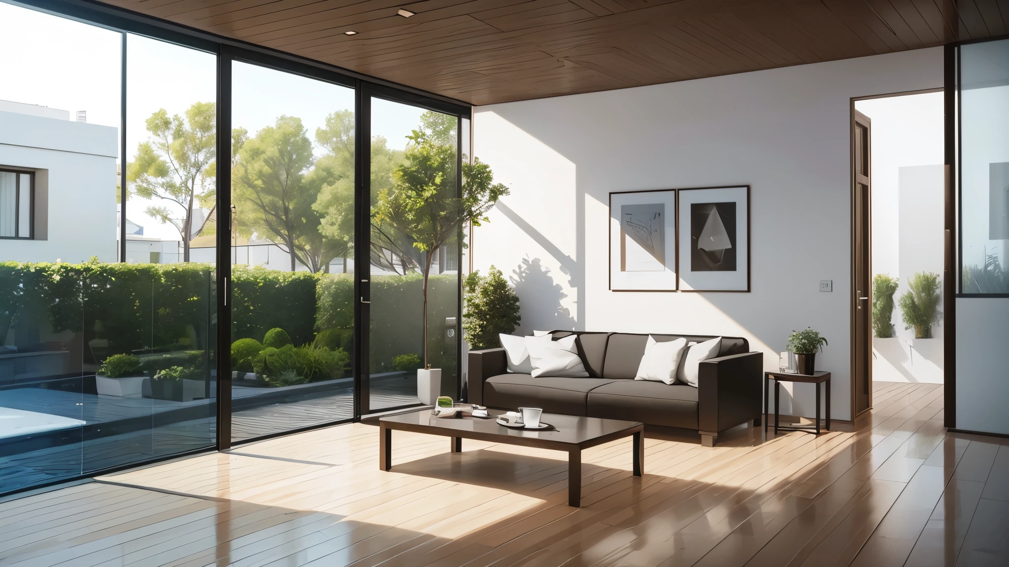 You are a famous interior designer、You have been asked to create a 3D image of a modern large room. Create a harmonious environment with modern and minimalist furniture. Including garden interior.