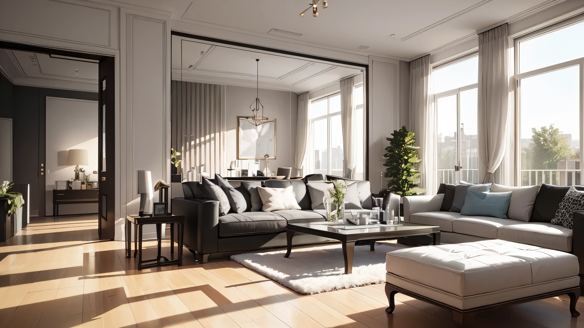 You are a famous interior designer、You have been asked to create a 3D image of a modern large room. Create a harmonious environment with modern and minimalist furniture. Including garden interior.