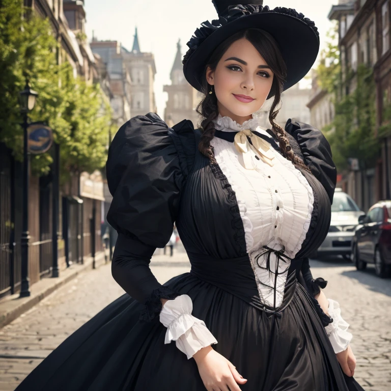 Hyper-realistic, masterpiece, screen shot, best quality, beautiful portrait, close-up zoom, high resolution, 8k, 1girl, smiley cocky smirk, a woman in a black dress, plus size model, plump, walking down a street, walking in evening, Victorian lady, a beautiful Victorian woman, Victorian fantasy art, Herbert James Draper,  dressed in Victorian clothes, Vittorio Matteo Corcos, beautiful character.