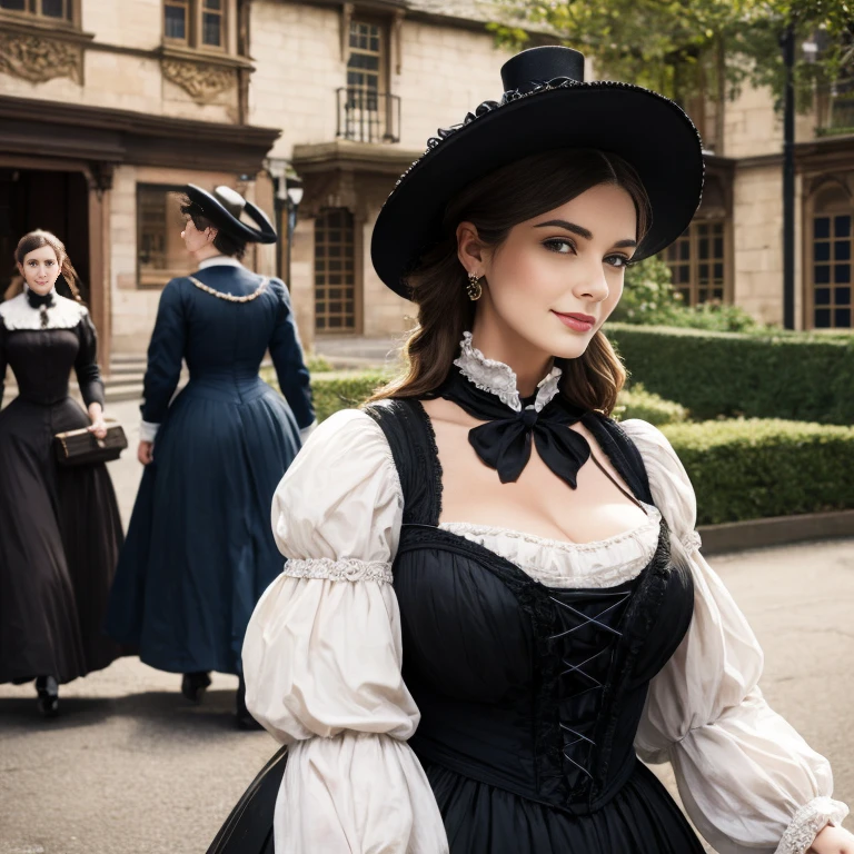 Hyper-realistic, masterpiece, screen shot, best quality, beautiful portrait, close-up zoom, high resolution, 8k, 1girl, smiley cocky smirk, a woman in a black dress, plus size model, plump, walking down a street, walking in evening, Victorian lady, a beautiful Victorian woman, Victorian fantasy art, Herbert James Draper, dressed in Victorian clothes, Vittorio Matteo Corcos, beautiful character.