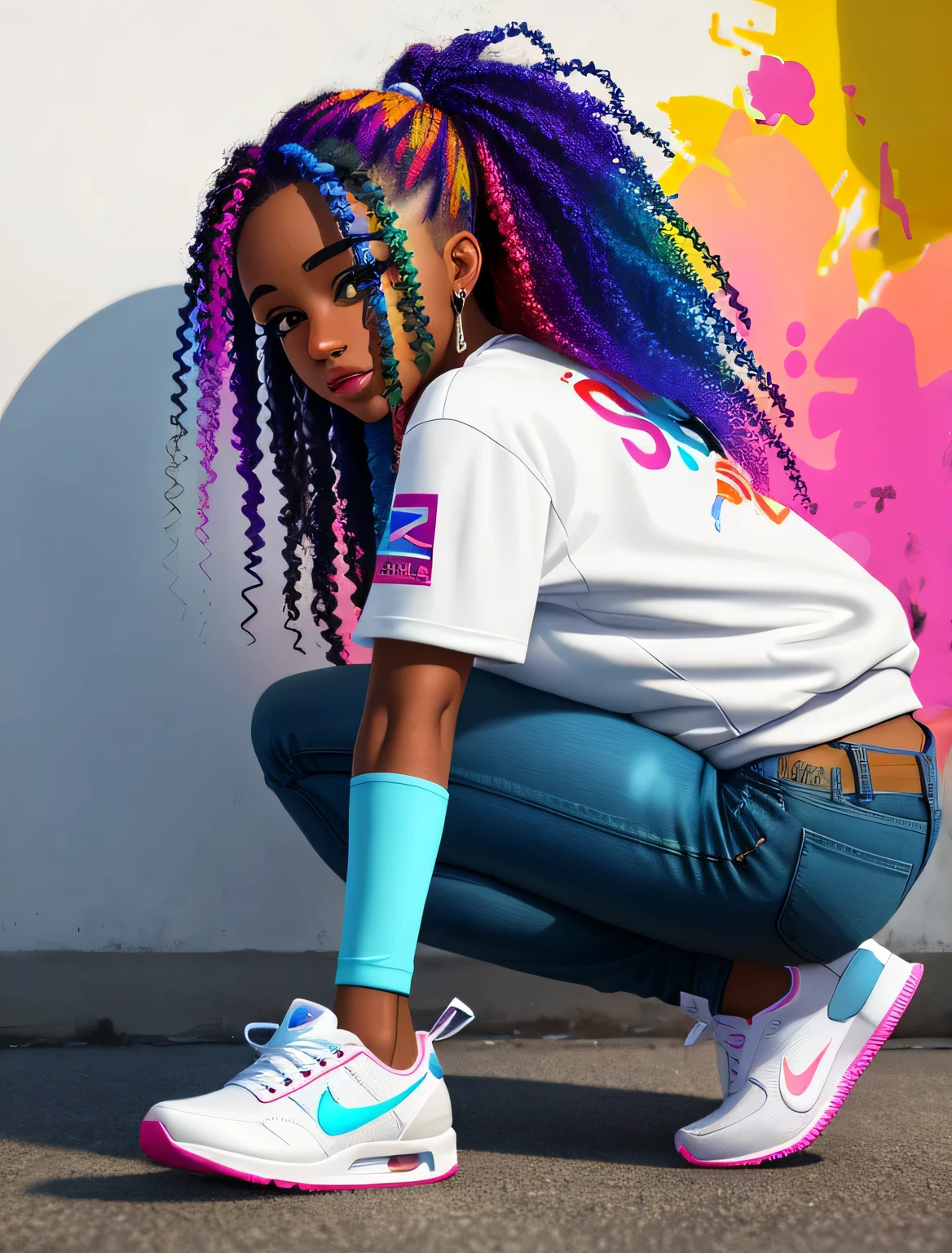 Graffiti painting, street art, 32k extremely detailed CG UNIT t-shirt design logo, 32k landscape, artwork, masterpiece, best quality, amazing light brushstrokes, of a 24 year old African American girl with hair with lights at the ends, Nike sneakers, in graffiti style on a white wall with vibrant colors.