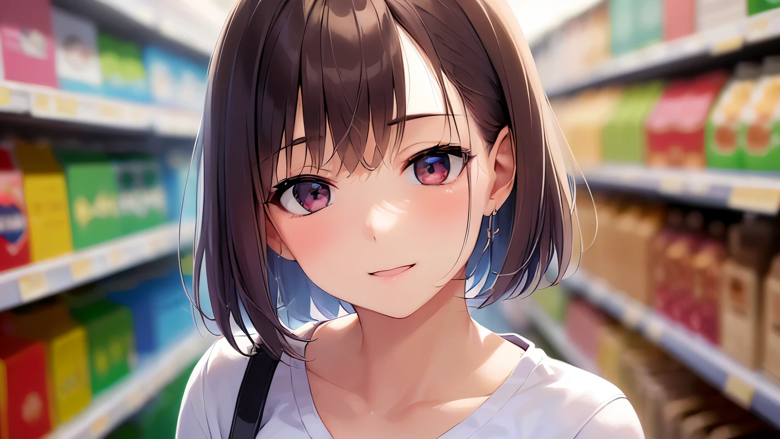 Diagonal angle, Realistic, real person, RAW photo, photorealistic, portrait photography, shiny skin, japanese idol, A 25-year-old woman with brown hair and bob cut and red eyes.、 (Wearing a white Y-shirt:1.5)、smile、blush, Supermarket background、Alone、