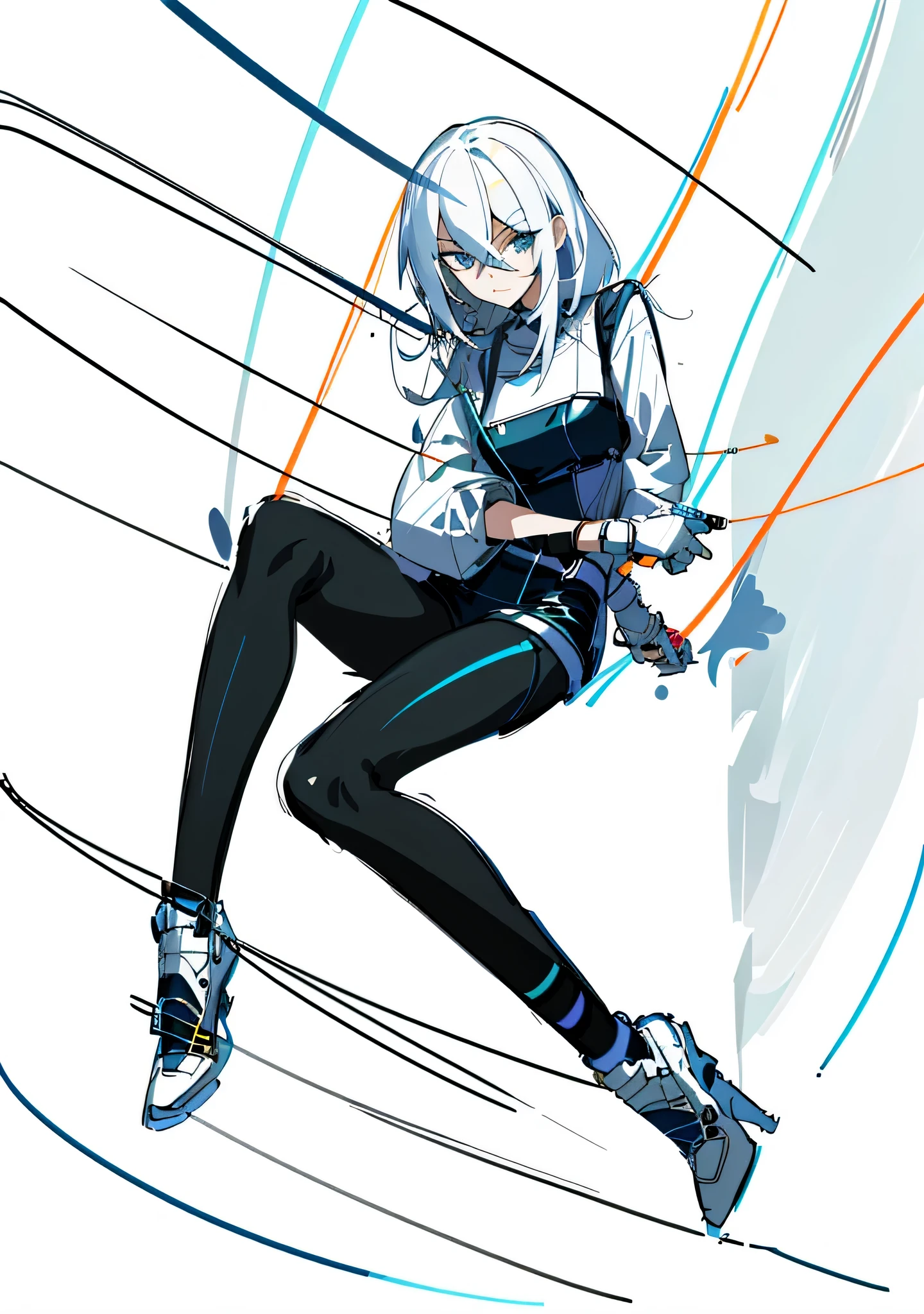 A woman sitting on a chair holding a pistol，Handcuffs on wrists, draw line, draw line!!, sharp lines, clean anime outlines, perfect lines, Casual gestures, clean lines, outdraw line, anime poses, thinking pose, line art behavior hd, full body figure painting, line art!!, High quality sketch, anime full body illustration