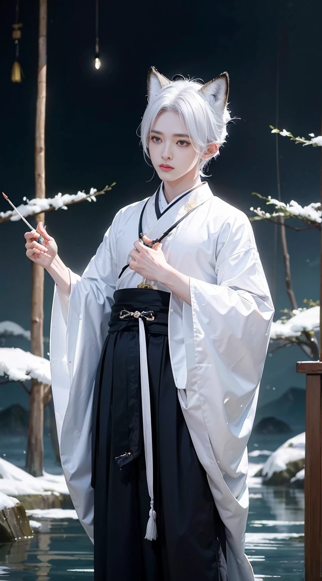 ((4K,masterpiece,highest quality)), Shuimobisim, traditional chinese ink painting, lotus,  Hanfu, maxi kit, One boy modestly dressed, alone, white hair, fox ears, white,  fish, many fish near boy, look at the audience, tease,Oneeshota,