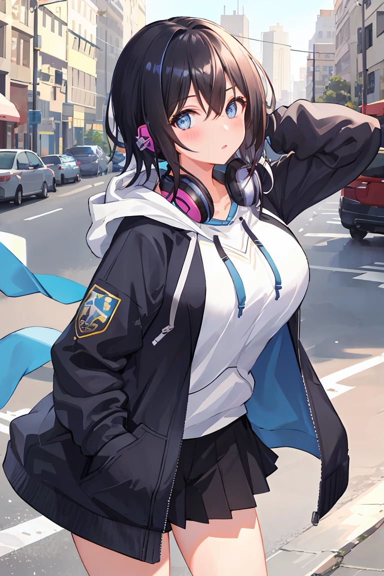 1 girl,big breasts, 
outdoor,cityscape, street,Are standing,cowboy shot, (Black hair with blue shine)、
(hoodie),Wrap the headphones around your neck, 
blush,