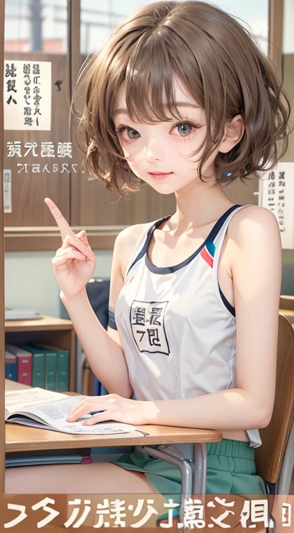  Troubled expression Raise hand Maki Horikita Beautiful girl Junior high school student White tank top Navel exposed Beautiful legs Track and field appearance Club activities Japanese classroom Small breasts Slender short stature Short hair Brown hair Whole body visible Sitting on desk Composition seen from below  透き通る白い肌 上から見た構図 頬が赤い 薄着 布地が薄い 衣服が脱ぎかけ 肩ひもが外れる 肩が見える