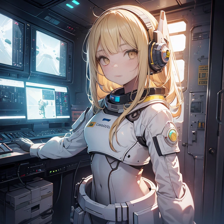 (young girl, , blonde, realistic, white skin), (yellow (eye:1.2)), (slim build:1.3), (fantasy space suit), beautiful face, symmetrical face, greg latkowski, WLOP and Sam Kuvshinov, (long hair), Blonde eyelashes, Large iris, Big pupils, whole body, Stand on the background of the cosmodrome, art station, 8K, SF, pastel colour, props, panel, concept, futuristic, Gribble, Simon Stalenhag, space, in outer space, a spaceship in the sky, Technological Blocks