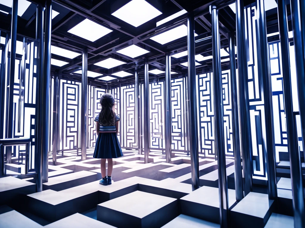 -year-girl nding, in a three-dimensional maze, geometric, uneven floor and tower in front of her, high quality image.