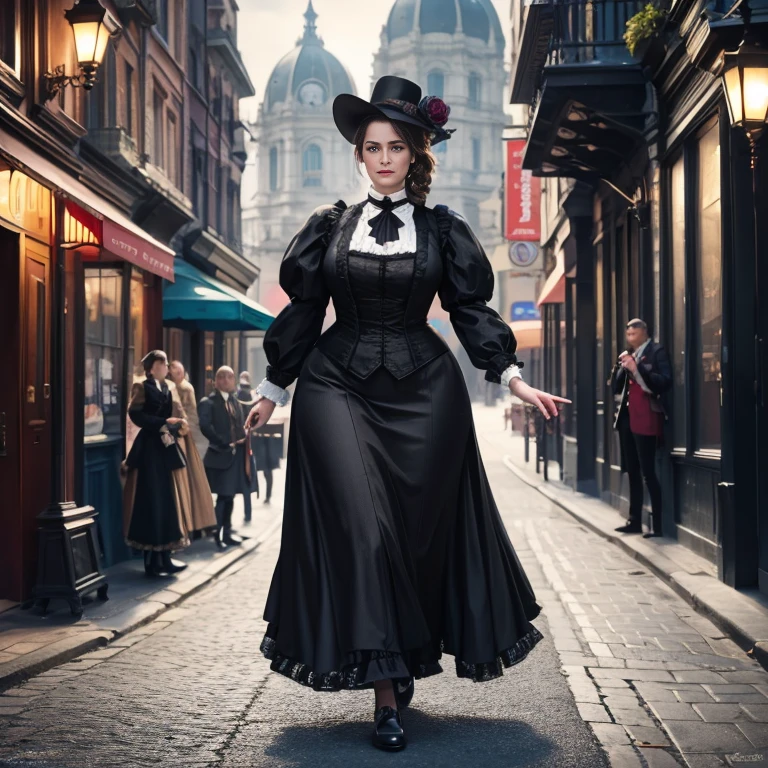 Hyper-realistic, masterpiece, screen shot, best quality, beautiful portrait, close-up zoom, high resolution, 8k, 1girl, smiley cocky smirk, a woman in a black dress, plus size model, plump, walking down a street, walking in evening, Victorian lady, a beautiful Victorian woman, Victorian fantasy art, Herbert James Draper,  dressed in Victorian clothes, Vittorio Matteo Corcos, beautiful character.