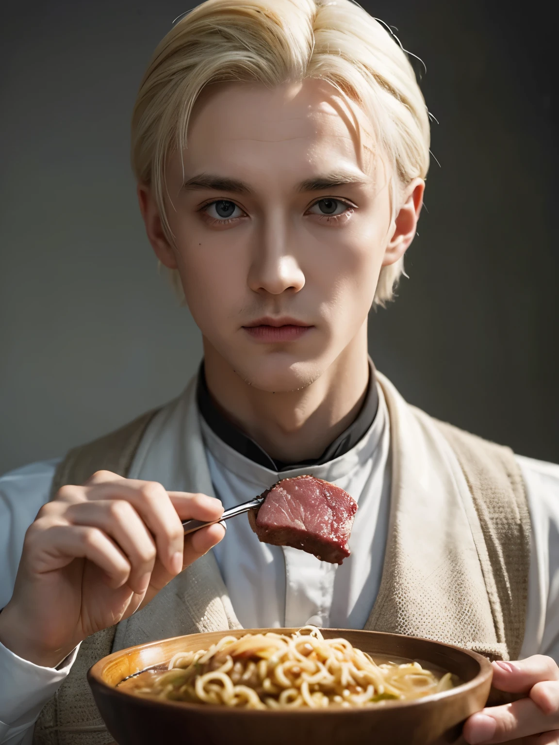 Draco Malfoy eats instant noodles,Big chunks of meat in noodles,grace,Exquisite,meticulous portrait
