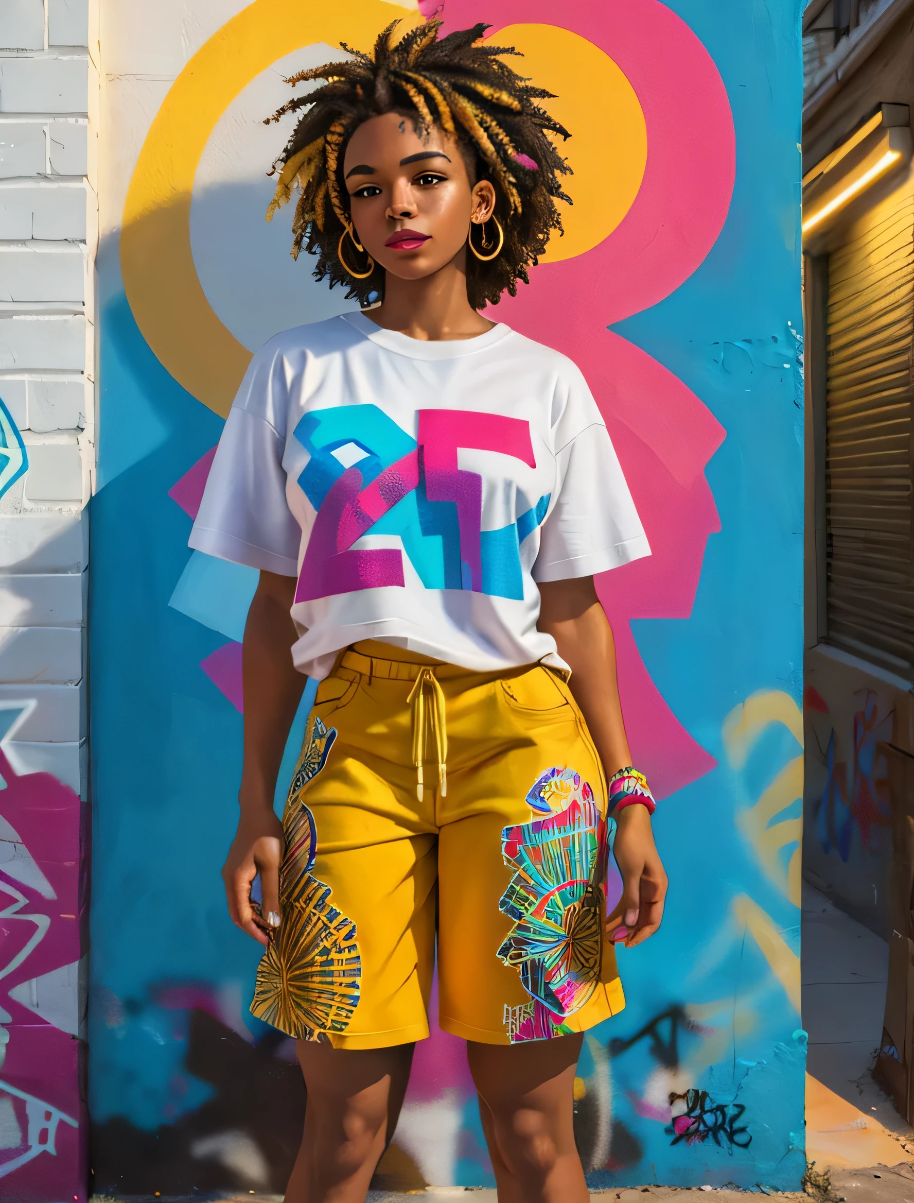 Graffiti painting, street art, 32k extremely detailed vector t-shirt design, 32k landscape, artwork, masterpiece, best quality, amazing light brushstrokes, of a 24-year-old African American girl with hair with lights at the ends, street style fashion, in graffiti style on a white wall with vibrant colors.