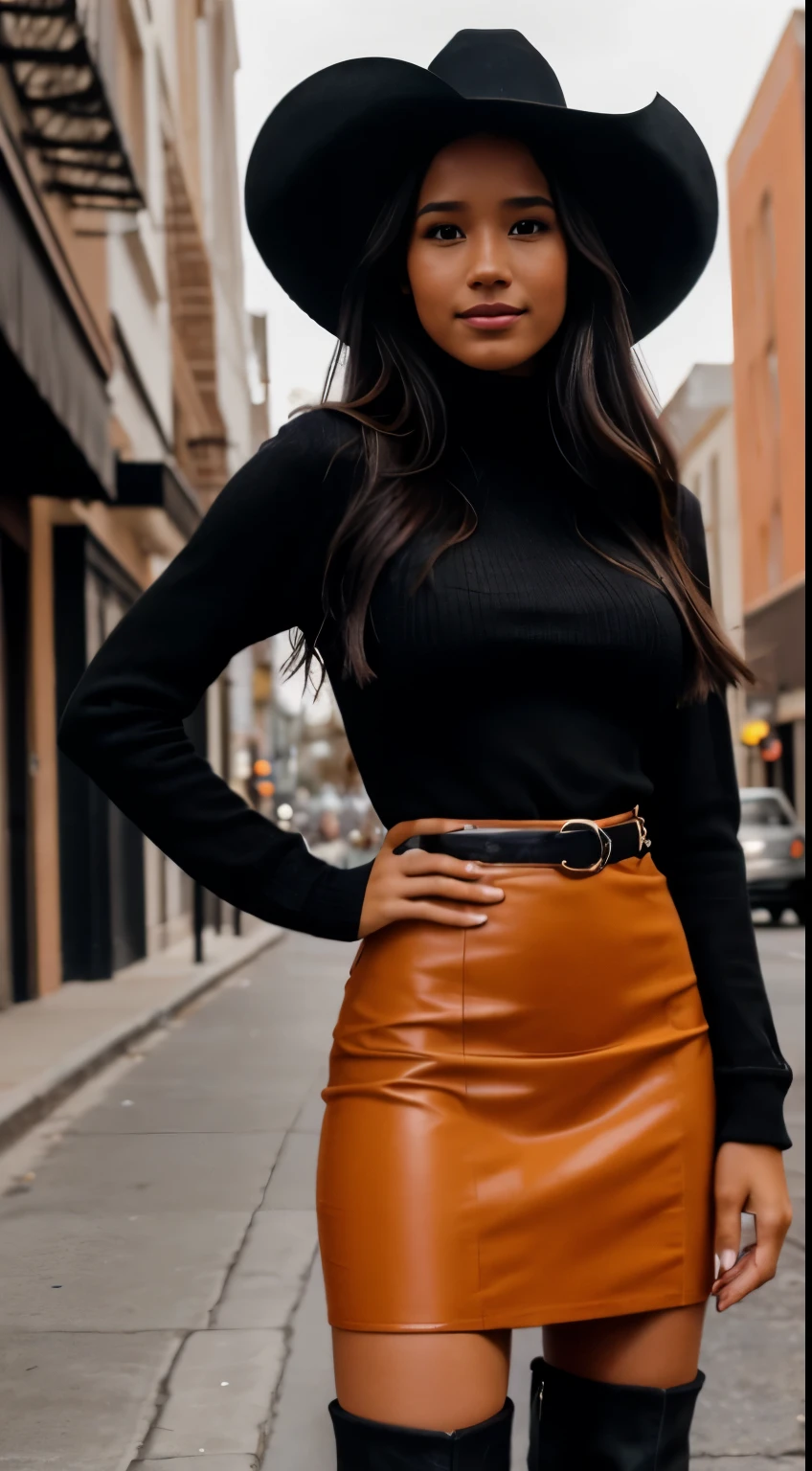 A woman wearing a black hat and a brown leather skirt SeaArt AI