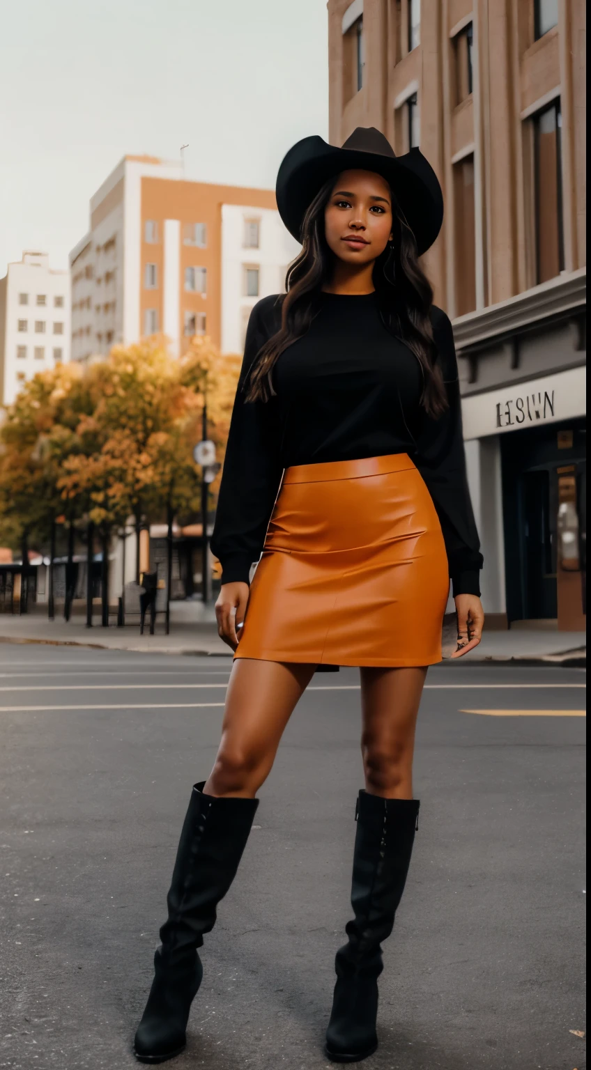 Foto hiperrealista en primer pl??? de Kelsey Asbille (native American ((light dark skin))), masterpiece, best quality, (photorealistic:1.4), full body, (orange long-sleeves top:1.1) and (black black midi midi pencil skirt:1.1), (boots:1.2), (black cowboy hat) on the street of western town. cinematic light, beautiful woman, skinny, large big breasts, black long hair, detailed face, smile, facing the camera, photo taken from a distance, age of 25 years old, camera filter on pastel colors,
