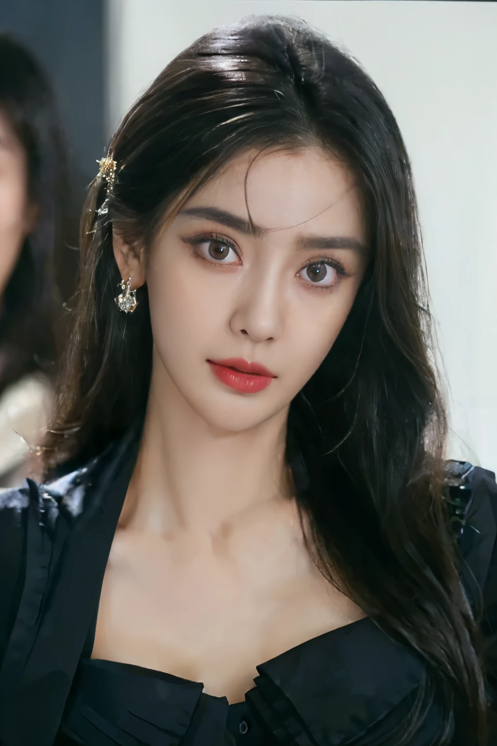 (close up:1.3, (best quality, masterpiece, ultra-detailed),(8K wallpaper),(arafed woman in a black dress posing for a picture, , cindy avelino, jaw-dropping beauty,ruan jia beautiful), break, (, serafuku:1.3), (cleavage:1.3) break, (In Studio:1.3), (invite, draw in:1.3),perfect face model,with very thin lips, beautiful face and flawless skin, beautiful model, with professional makeup, editorial model, pastel, fanart, dilraba dilmurat, beautiful female model, perfectly trimmed fingers, break, (Medium breasts, (red eyes), ultra-detailed brilliant big eyes, large pupil, (ultra-detailed B hair), semi-long hair, parted bangs), break, ((Intricate details)), eyes and faces with detailed, break, ((masterpiece, best quality, ultra detailed, detailed face, 8k))