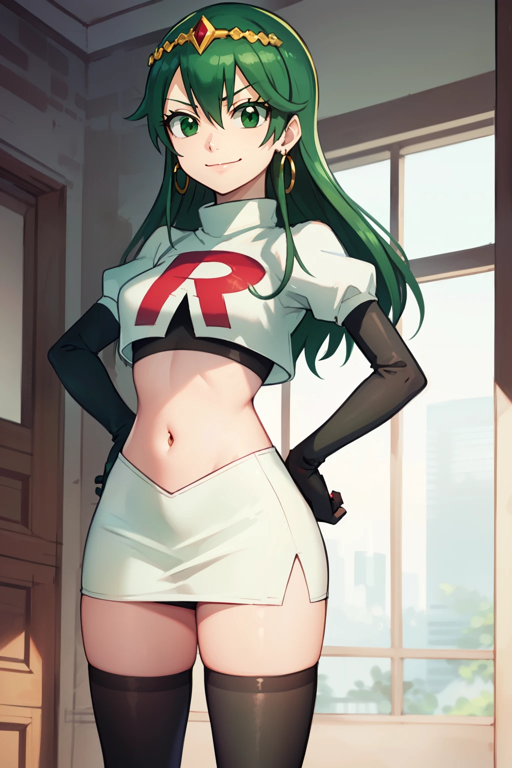 hisui, hisui, long hair, (green eyes:1.5), green hair, hair between eyes,earrings, tiara ,glossy lips ,team rocket uniform, red letter R, white skirt,white crop top,black thigh-high boots, black elbow gloves, evil smile, hands on hips