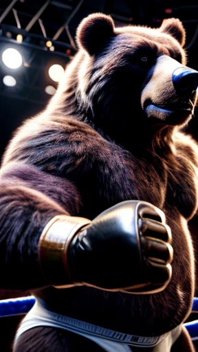 male anthro bear, chubby, dynamic pose, bust portrait, underwear, solo, realistic fur, detailed background, bedroom, detailed fluffy fur, long fluffy fur, photorealism, fighting ring, hdr, short tail, crowd, purple stage light, leather gauntlet