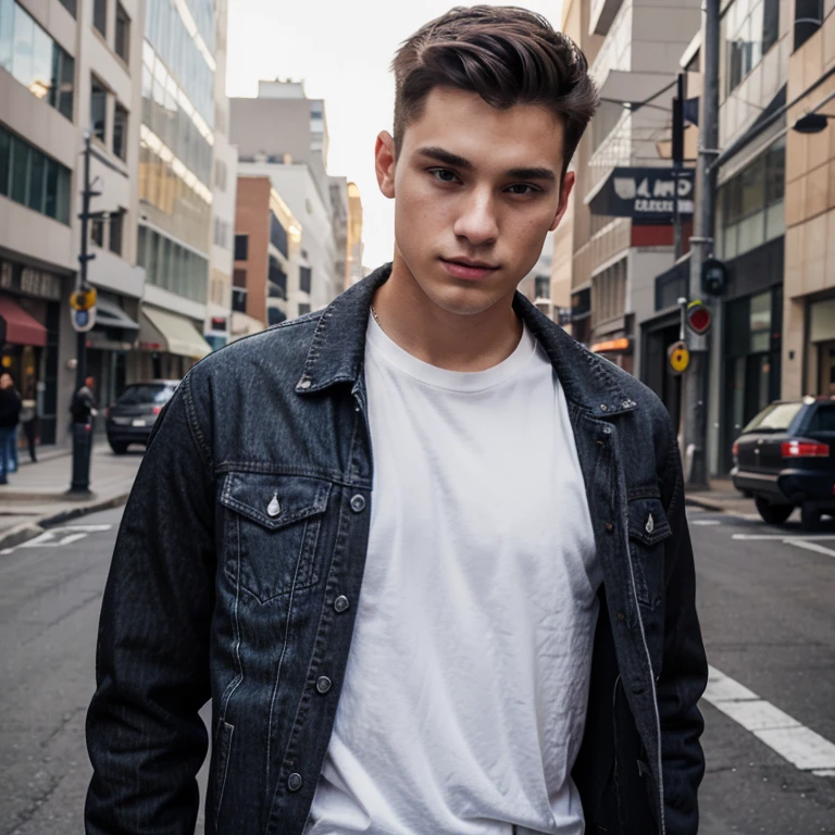 A American male , 21 year old , wearing a black denim jacket on white tshirt, professional photo 