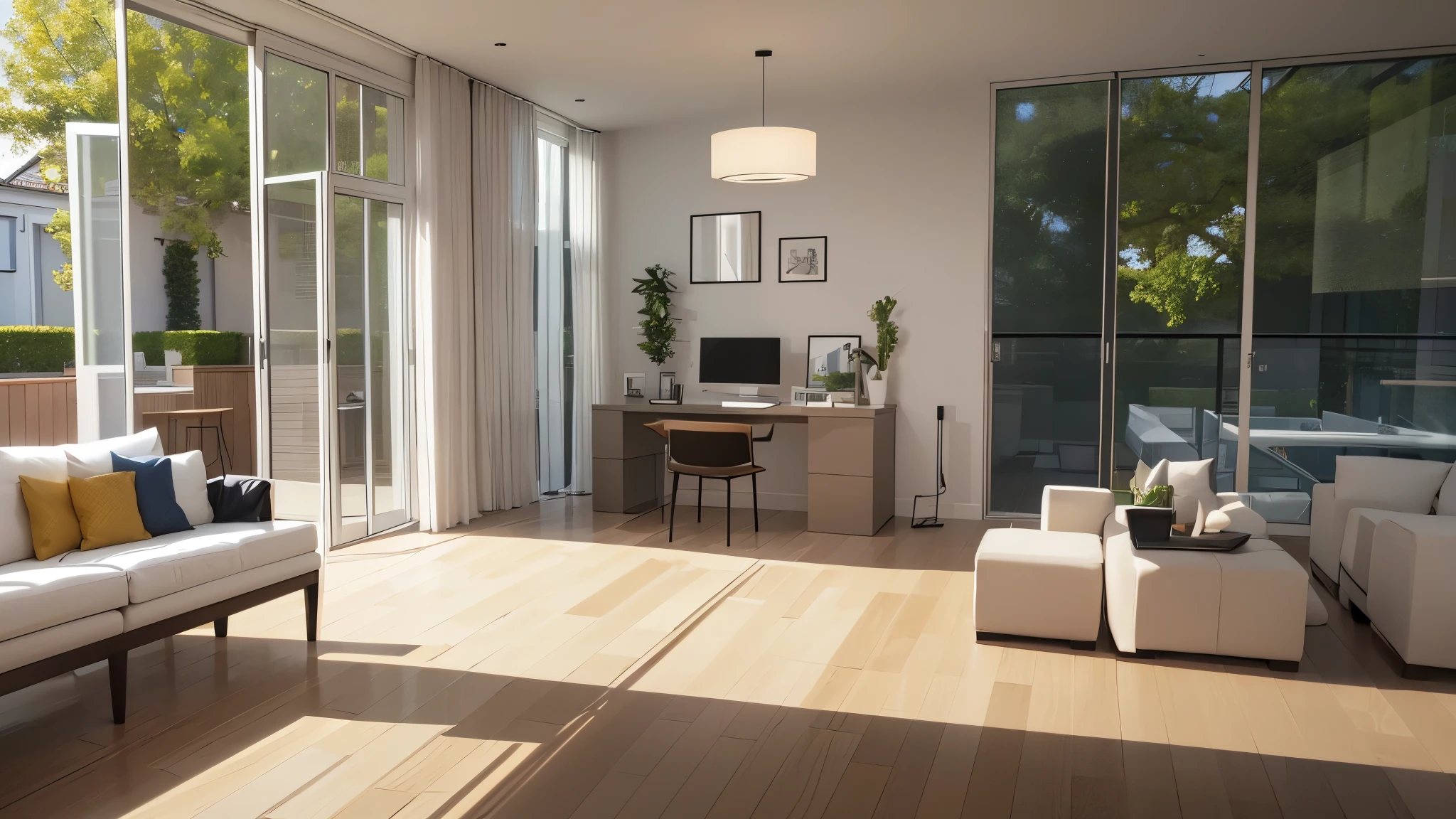 You are a famous interior designer、You have been asked to create a 3D image of a modern large room. Create a harmonious environment with modern and minimalist furniture. Including garden interior.

