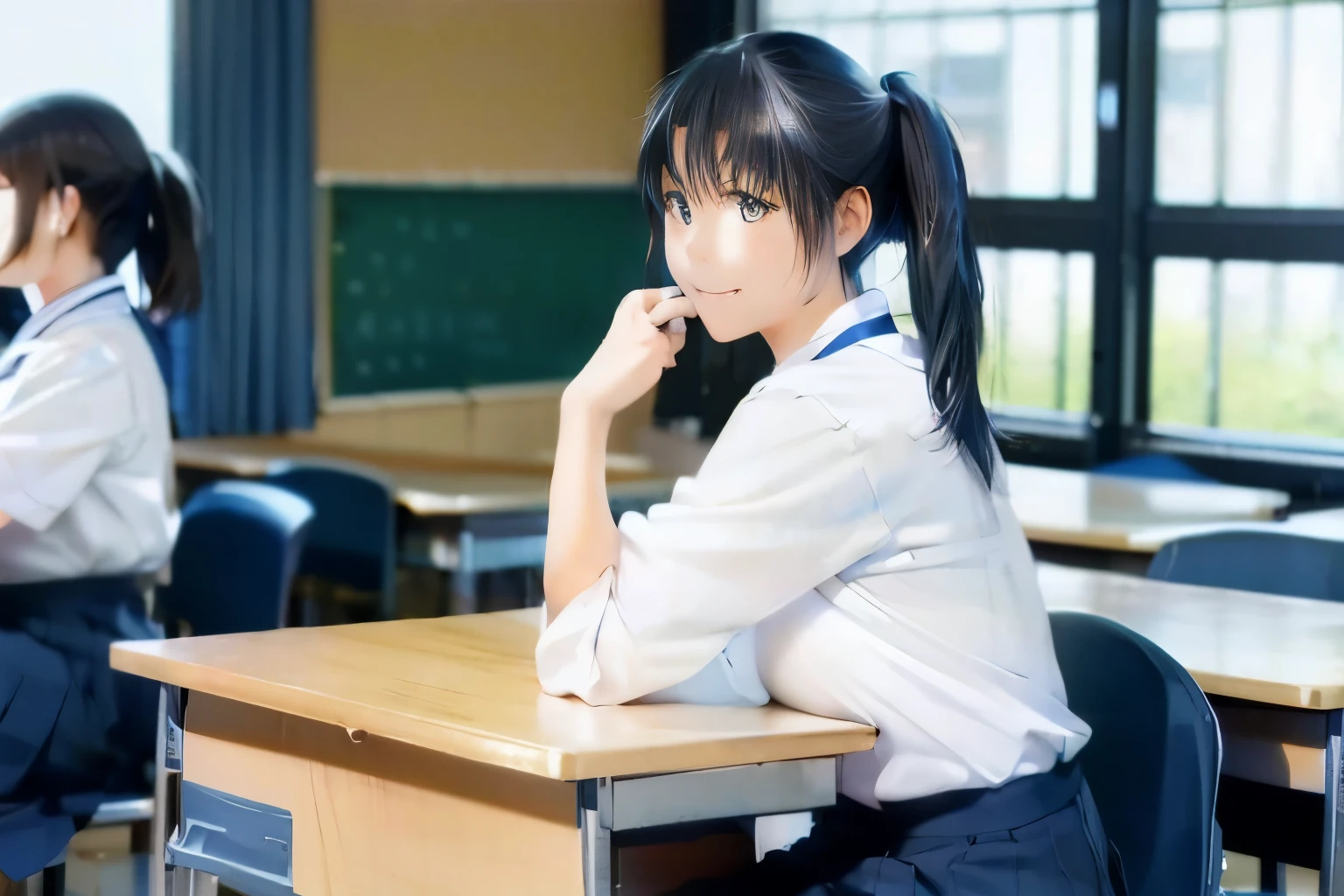 Japan High School Classroom,A female student is sitting at a desk and looking at me,He wears a white uniform with a blue ribbon on his chest.,hands folded on knees,smile,Hair in black ponytail,The color of the skirt is navy blue,2Drealistic anime style