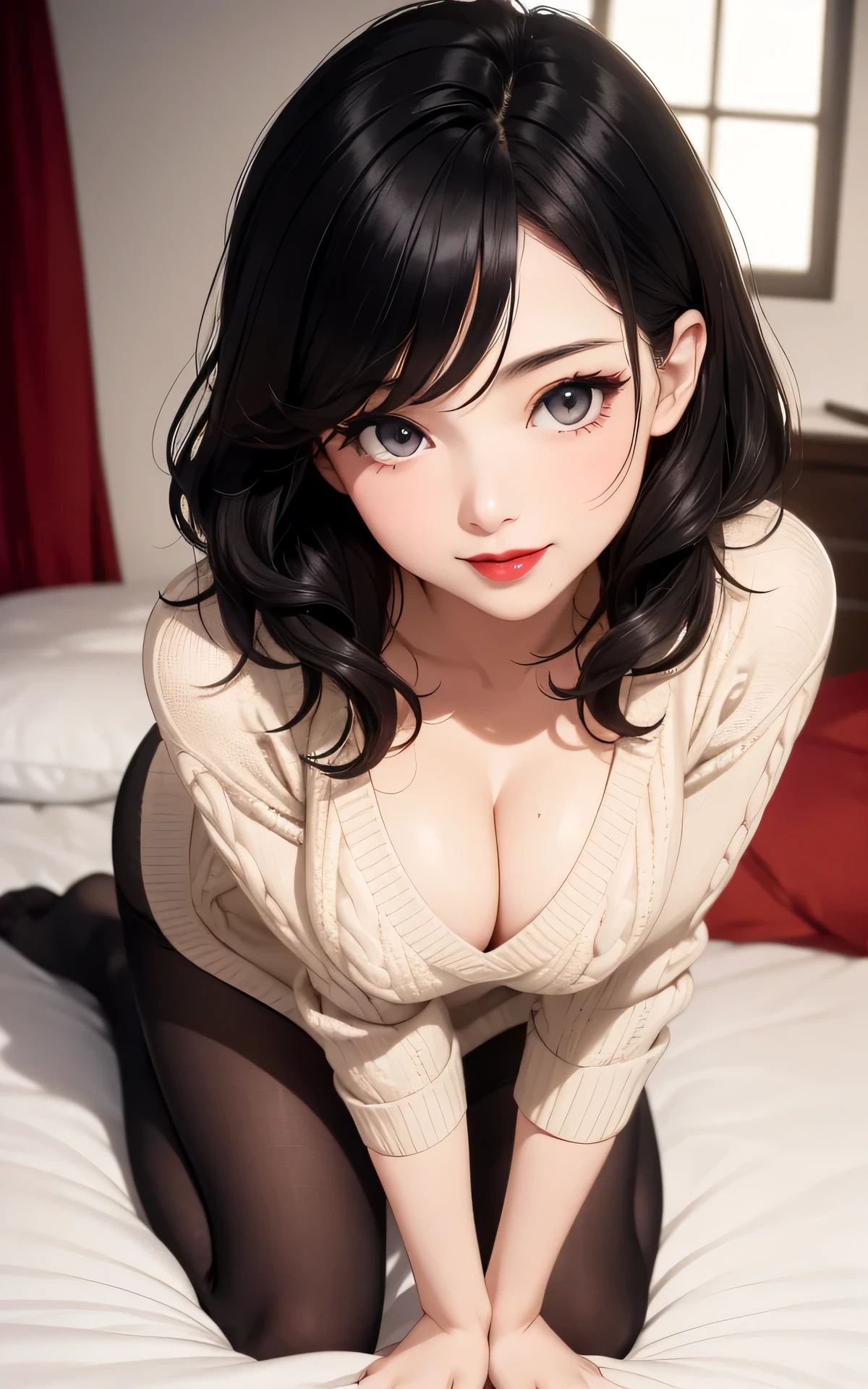 (45year old,Red lips、 wavy hair、short hair、full body、1 woman:1.3、solo、tunic sweater)、 absurderes、Flat Lighting、realisticlying、ultra-detailliert、bright colour、beautiful detailed eyes、perfect eyes 、detailed hair、(black hair、jet black eyes)、Delicate beautiful face,A sexy,Bed、Cleavage emphasis、Exuberant smile、 dramatic angle、pantyhose
