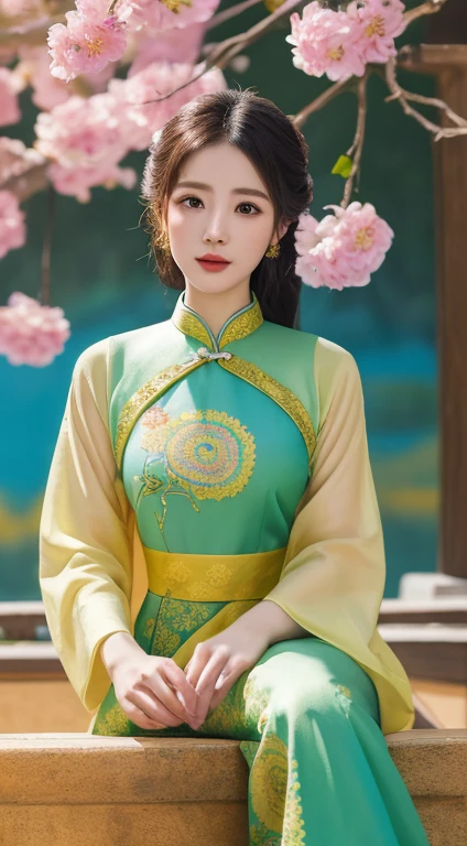 (Masterpiece, Top quality, Best quality, offcial art, Beautiful and aesthetic:1.2), (a beautiful girl in vintage aodai:1.3), Extremely detailed,(Fractal art:1.1),(Colorful:1.1)(Flowers:1.3),highest details,(zentangle:1.2), (Dynamic pose), (abstract backgrounds:1.3), (vietnam Traditional cloth:1.2), (Shiny skin), (many color:1.4), ,(Earrings:1.4),