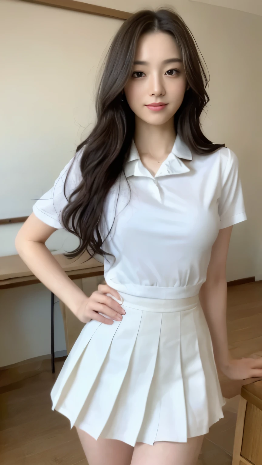 A woman in a white shirt and skirt posing for a picture - SeaArt AI