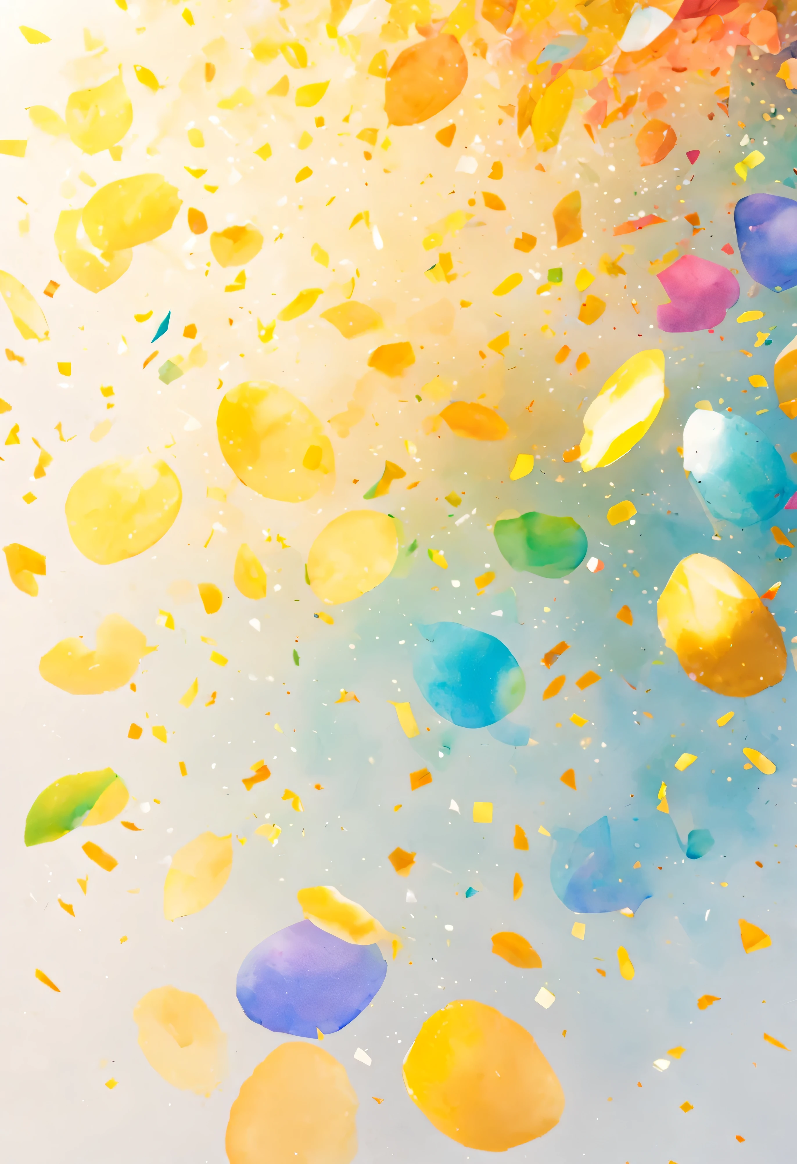 isolated on white background( Colored confetti/confetti/colorful confetti)watercolor画、watercolor、Splash technology reproduces the romantic atmosphere in humid environments、unique ingredients、Abstract representation、Contains surreal elements、light tone.Light gold color scheme、high resolution细节、Ink splash effect、Color saturation。(best quality,4K,8k,high resolution,masterpiece:1.2),super detailed,(actual,photoactual,photo-actual:1.37),Leave blank.fresh, bright, Light and shadow are natural and soft.best quality.8k.romantic style.Literary youth style.Sophisticated and elegant.