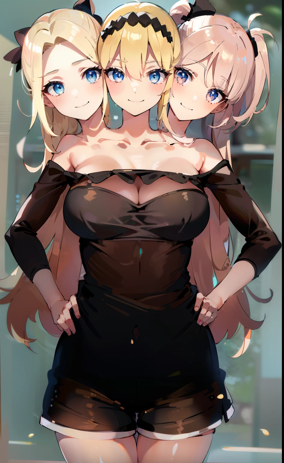 best quality, (masterpiece),(ultra-detailed), (high quality), (high resolution), (3heads:1.5) copper blonde hair, cleavage, best quality:1.5, highres, UHD, 4K), smiling, ((white t shirt)), ((black shorts)), headband, twintails, head bow, (detailed glowing blue eyes), (mature woman), casual dress, sexy proportions, (exposed midriff), Beautiful girl with accentuated slender abs, eyeshadow