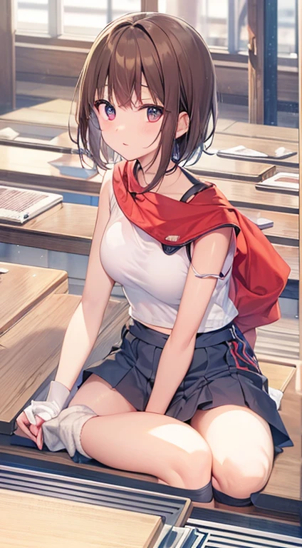 Troubled expression Raise hand Maki Horikita Beautiful girl Junior high school student White tank top Navel exposed Beautiful legs Track and field appearance Club activities Japanese classroom Small breasts Slender short stature Short hair Brown hair Whole body visible Sitting on desk Composition seen from below Composition seen from above. Cheeks are red. Clothes are thin. Clothes are coming off. Shoulder strap of white tank top comes off. Shoulders are visible.