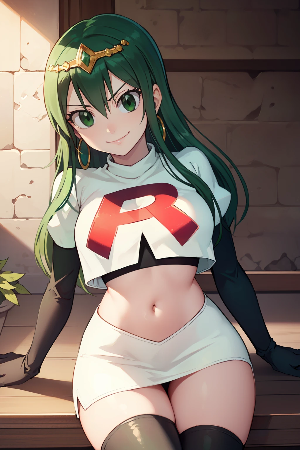 hisui, hisui, long hair, (green eyes:1.5), green hair, hair between eyes,earrings, tiara ,glossy lips ,team rocket uniform, red letter R, white skirt,white crop top,black thigh-high boots, black elbow gloves, evil smile, sexy poses