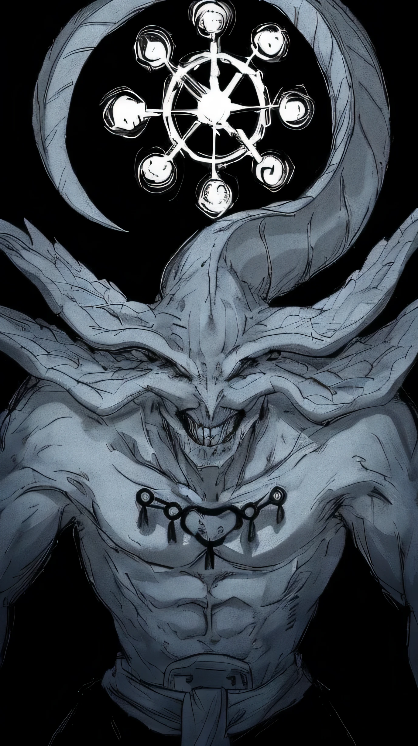 a close up of a demonic looking creature with a clock in his head, fit male demon with white horns, horned god, demon lord, demon white horns, djinn man male demon, lich vecna (d&d), the former demon king, one a demon - like creature, one a demon-like creature, male djinn man demon hybrid, no face, only mouth, maliciously-smiley mouth