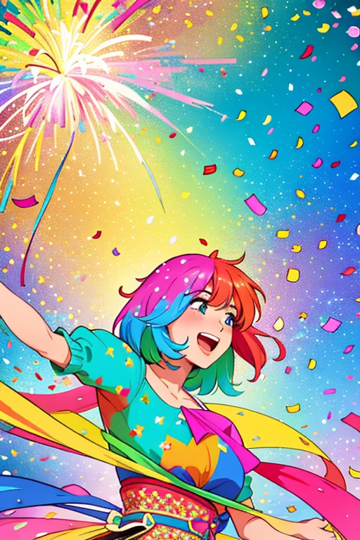 Intricately detailed, ultra high definition, 超高分辨率, masterpiece, random angles, shiny and vibrant, colorful confetti, beautiful and playful, pretty and whimsical, (huge confetti shower: 1.2), scattered and floating, delicate and light, celebratory atmosphere, dynamic lighting, color burst, elegant and joyful, multi-colored rain, vivid hues, painterly style, special occasion, fun and lively, (confetti explosion: 1.5), vintage feel, festive and cheerful, (colorful backdrop: 1.4), surreal art, dreamlike, whimsical, imaginative, full of life,