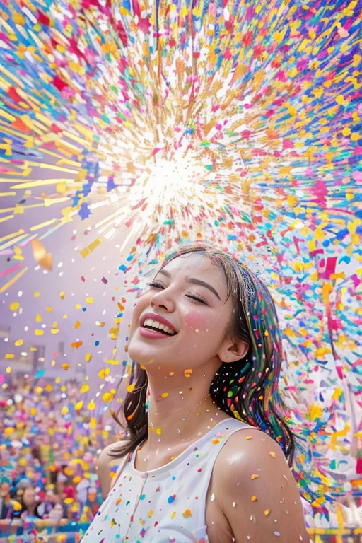 Intricately detailed, ultra high definition, 超高分辨率, masterpiece, random angles, shiny and vibrant, colorful confetti, beautiful and playful, pretty and whimsical, (huge confetti shower: 1.2), scattered and floating, delicate and light, celebratory atmosphere, dynamic lighting, color burst, elegant and joyful, multi-colored rain, vivid hues, painterly style, special occasion, fun and lively, (confetti explosion: 1.5), vintage feel, festive and cheerful, (colorful backdrop: 1.4), surreal art, dreamlike, whimsical, imaginative, full of life,