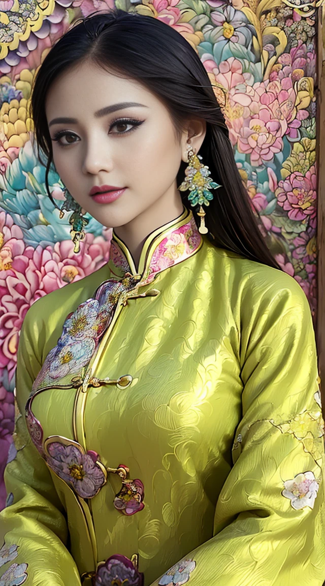 (Masterpiece, Top quality, Best quality, offcial art, Beautiful and aesthetic:1.2), (a beautiful girl in vintage aodai:1.3), Extremely detailed,(Fractal art:1.1),(Colorful:1.1)(Flowers:1.3),highest details,(zentangle:1.2), (Dynamic pose), (abstract backgrounds:1.3), (vietnam Traditional cloth:1.2), (Shiny skin), (many color:1.4), ,(Earrings:1.4),