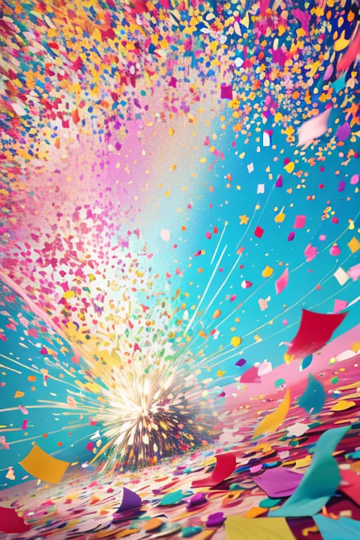 Intricately detailed, ultra high definition, 超高分辨率, masterpiece, random angles, shiny and vibrant, colorful confetti, beautiful and playful, pretty and whimsical, (huge confetti shower: 1.2), scattered and floating, delicate and light, celebratory atmosphere, dynamic lighting, color burst, elegant and joyful, multi-colored rain, vivid hues, painterly style, special occasion, fun and lively, (confetti explosion: 1.5), vintage feel, festive and cheerful, (colorful backdrop: 1.4), surreal art, dreamlike, whimsical, imaginative, full of life,