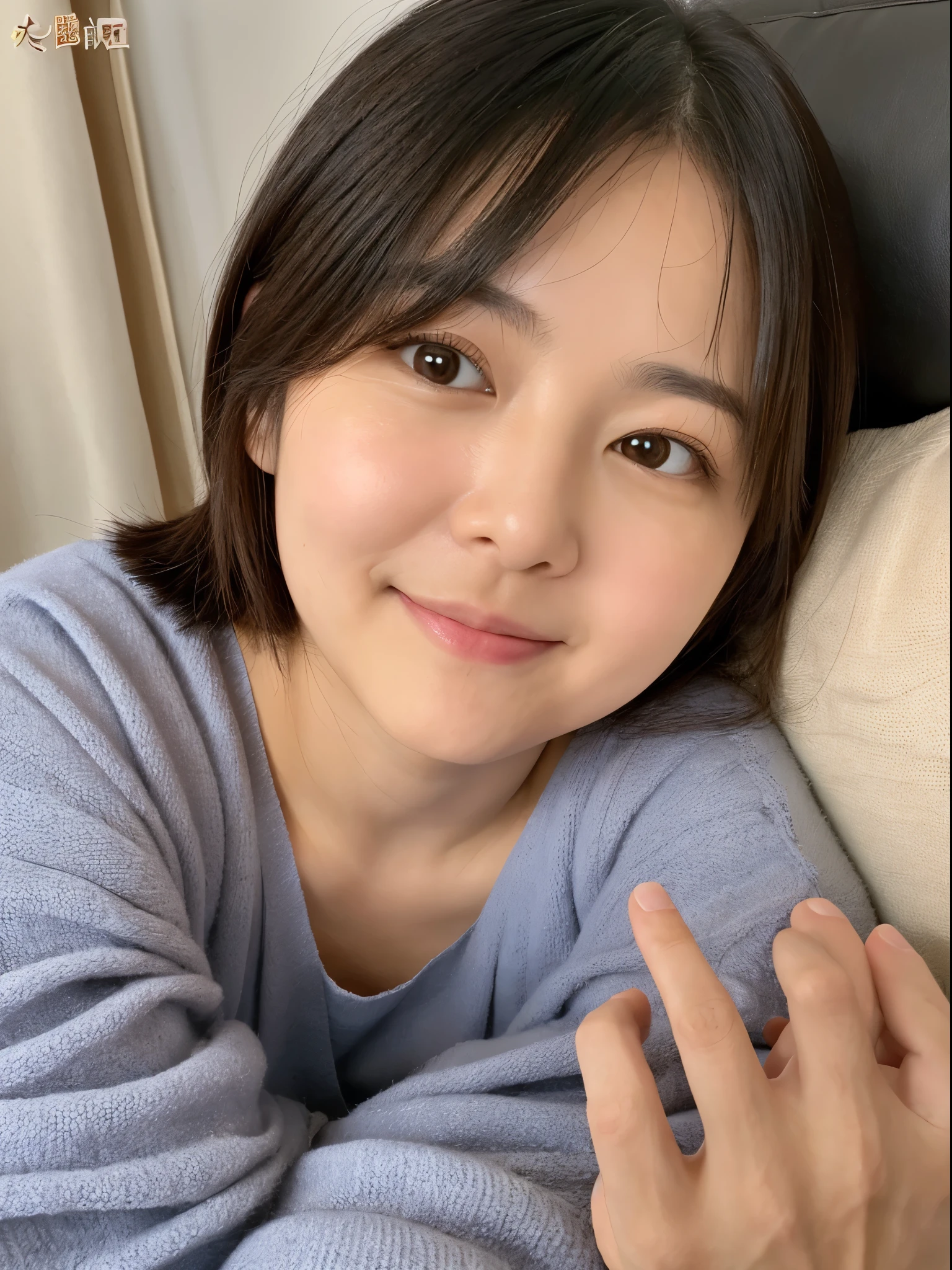 ((Live shooting、highest quality、masterpiece))、High definition RAW color、(real、photorealism:1.3)、fat、ultra high resolution、smile、Rough loungewear、((Selfie with one hand:1.2))、(on the sofa)、realistic face、ponytail、small eyes、narrow eyes、single eyelid、Narrow apartment、Selfie with one hand、plump cheeks、Aunt、round face、Tanuki face、sexy lips、chubby、middle-aged woman、one person