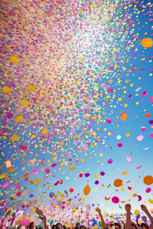 Intricately detailed, ultra high definition, 超高分辨率, masterpiece, random angles, shiny and vibrant, colorful confetti, beautiful and playful, pretty and whimsical, (huge confetti shower: 1.2), scattered and floating, delicate and light, celebratory atmosphere, dynamic lighting, color burst, elegant and joyful, multi-colored rain, vivid hues, painterly style, special occasion, fun and lively, (confetti explosion: 1.5), vintage feel, festive and cheerful, (colorful backdrop: 1.4), surreal art, dreamlike, whimsical, imaginative, full of life,