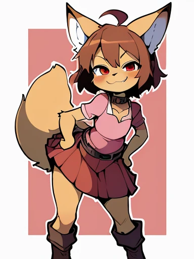 (, anthro, fennec fox, small hair, small ahoge, light brown hair, small snout, flat chest, fox tail, little thighs, ((long fur, yellow fur)), round head, round chin, small fangs and big red eyes) wearing (brown collar, pink blouse, red skirt, long skirt, leather belt, brown boots), standing, bending forward, hands on hips, smug, by dagasi, by diives