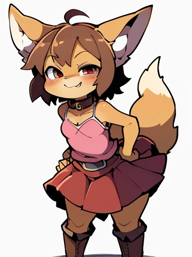 (, anthro, fennec fox, small hair, small ahoge, light brown hair, small snout, flat chest, fox tail, little thighs, ((long fur, yellow fur)), round head, round chin, small fangs and big red eyes) wearing (brown collar, pink blouse, red skirt, long skirt, leather belt, brown boots), standing, bending forward, hands on hips, smug, by dagasi, by diives