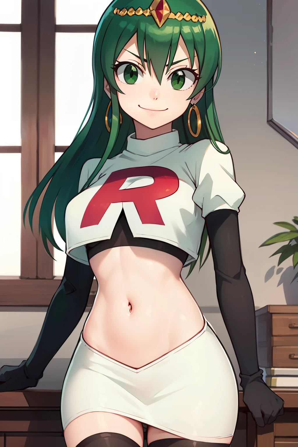 hisui, hisui, long hair, (green eyes:1.5), green hair, hair between eyes,earrings, tiara ,glossy lips ,team rocket uniform, red letter R, white skirt,white crop top,black thigh-high boots, black elbow gloves, evil smile, sexy poses