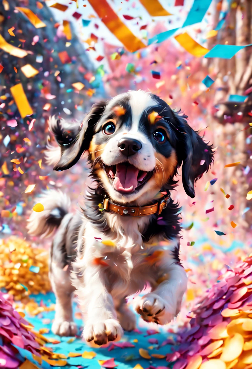 Cute puppy excitedly playing in swirling cloud of colorful confetti at festival, confetti raining down around happy puppy, hyperdetailed, detailed matte painting, Unreal Engine 5, beautiful composition, deep color, fantastical, intricate detail, fantasy concept art, 8k resolution, HD resolution